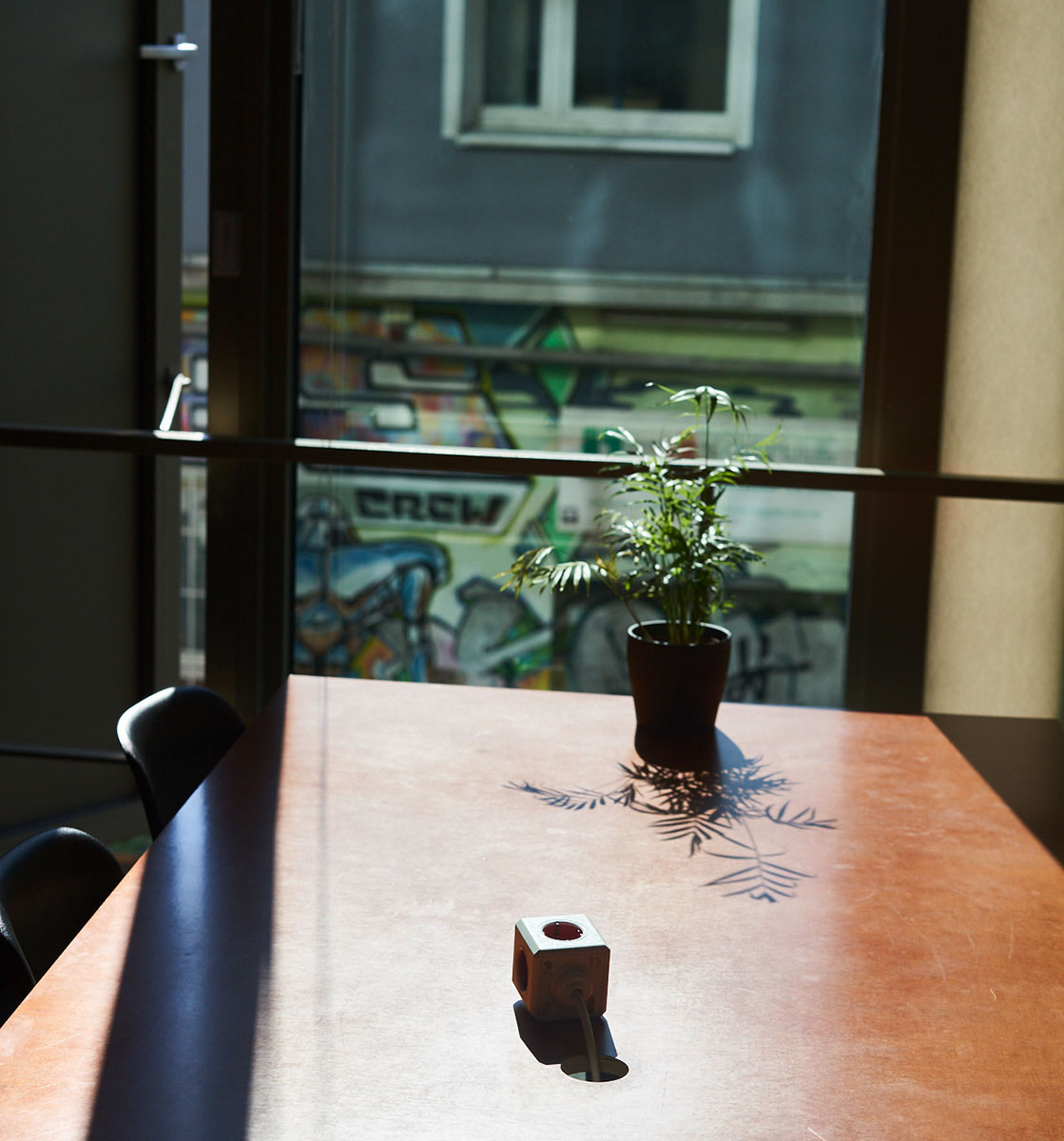 Konferenztisch mit Blume bei Sonnenlicht